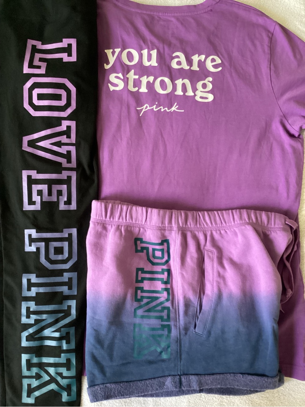 Victoria’s Secret You Are Strong Shirt Ombré Dip Dye Shorts LOVE PINK Leggings L